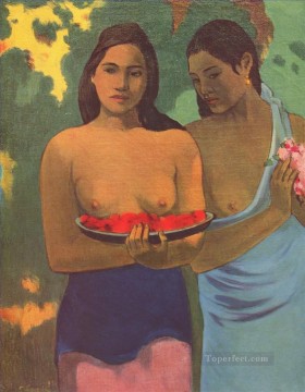 Paul Gauguin Painting - Dos mujeres tahitianas con flores de mango Paul Gauguin